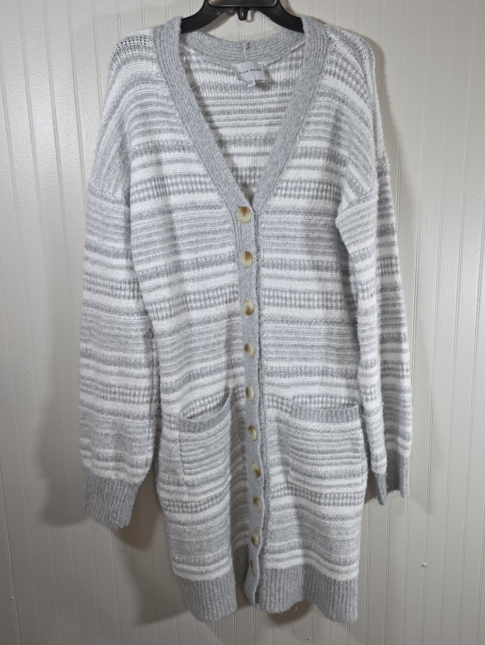 Pink Rose Striped Longline Cardigan - Gray & White